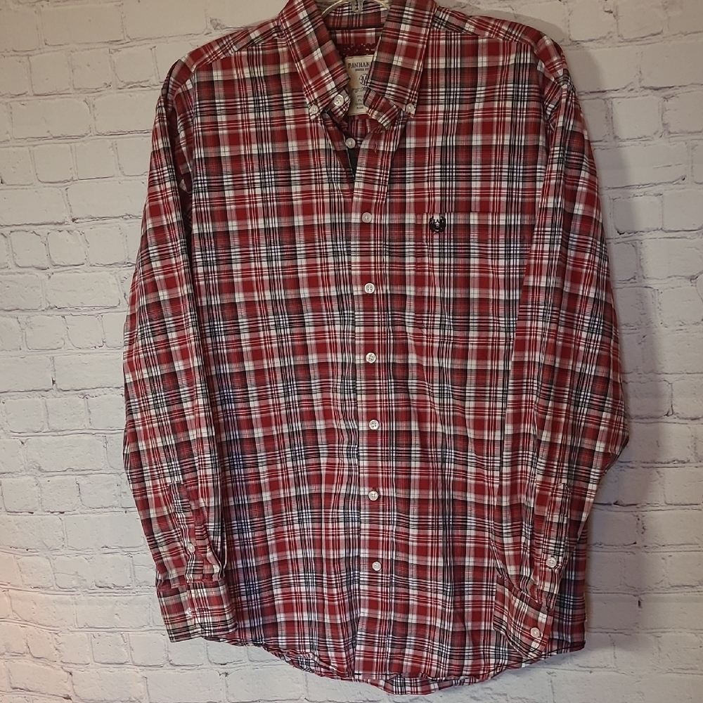 Men's Panhandler Medium Roughstock Black Red Plaid Flip cuff Western Rodeo Shirt